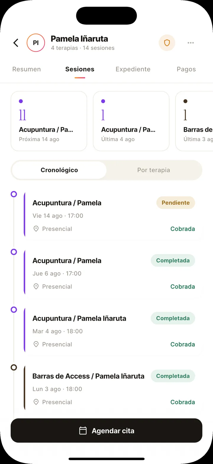 Su historial, sesión por sesión